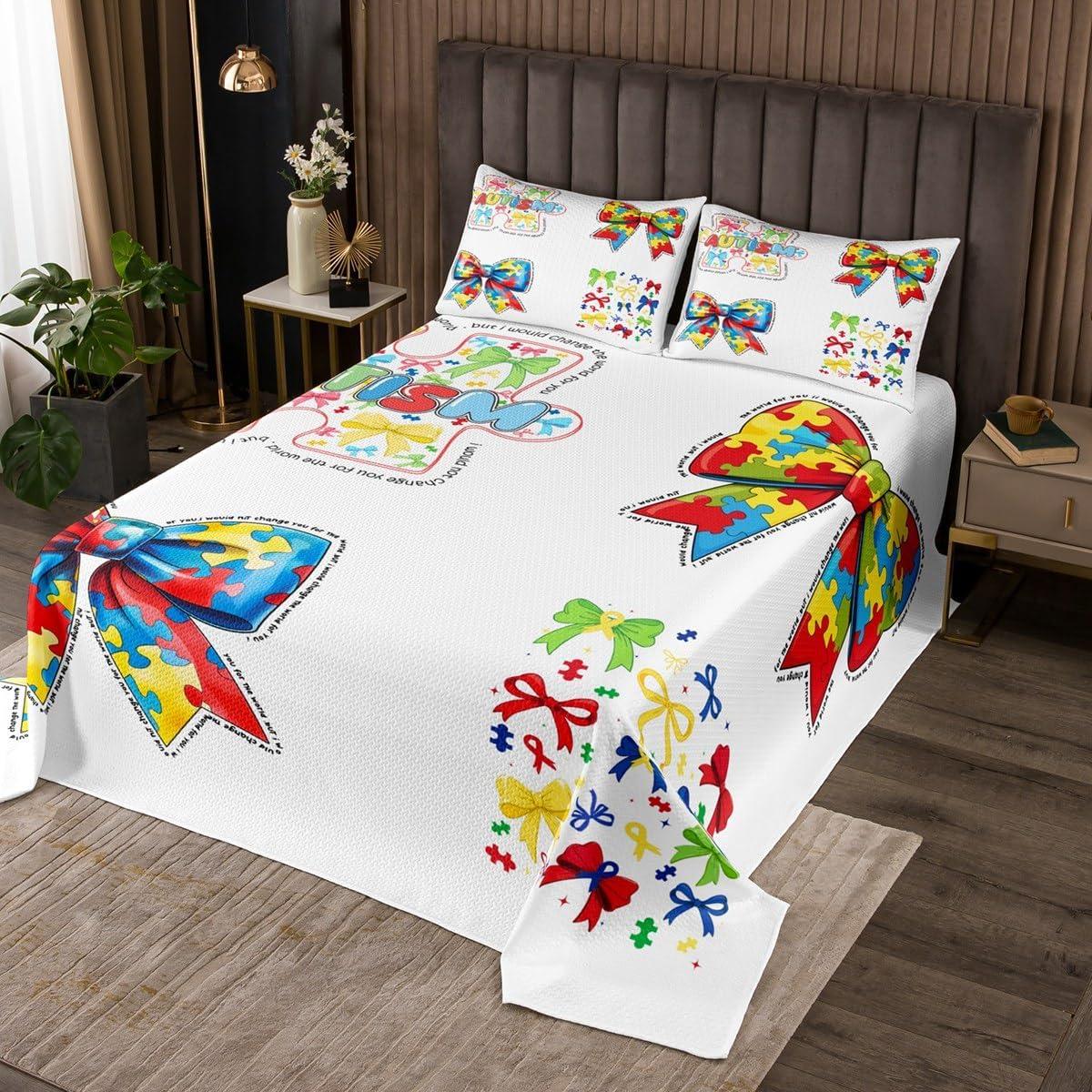 Erosebridal Rainbow 3D Bowknot Queen Coverlet Set