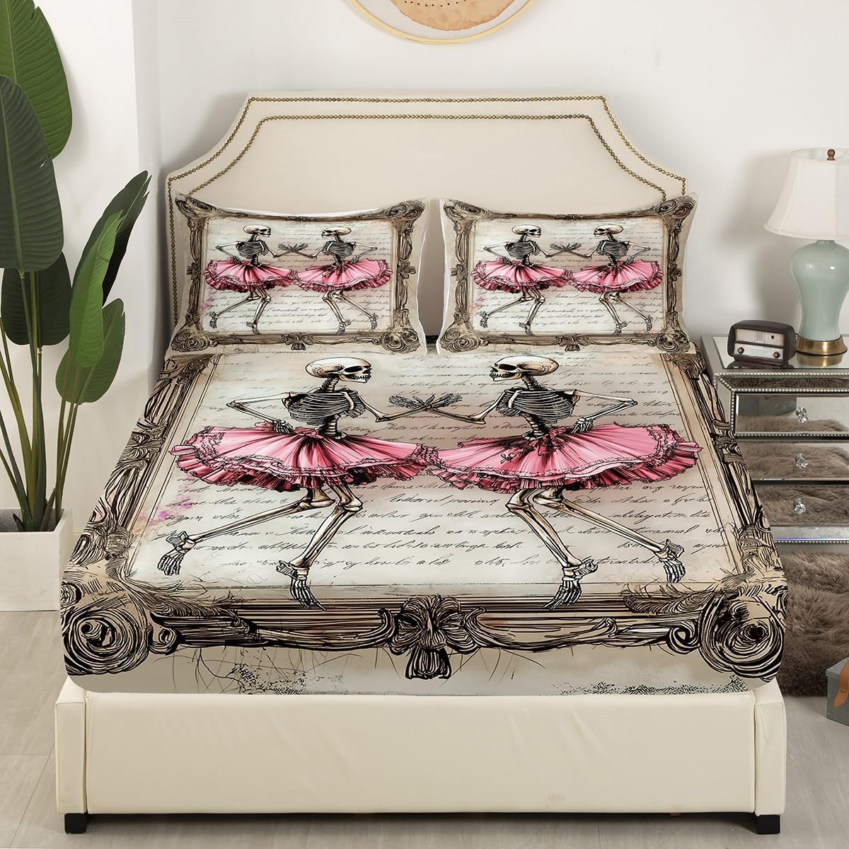 Manfei Skeleton Kids Fitted Sheet Set Pink Brown Bedding with Gothic Skull Design