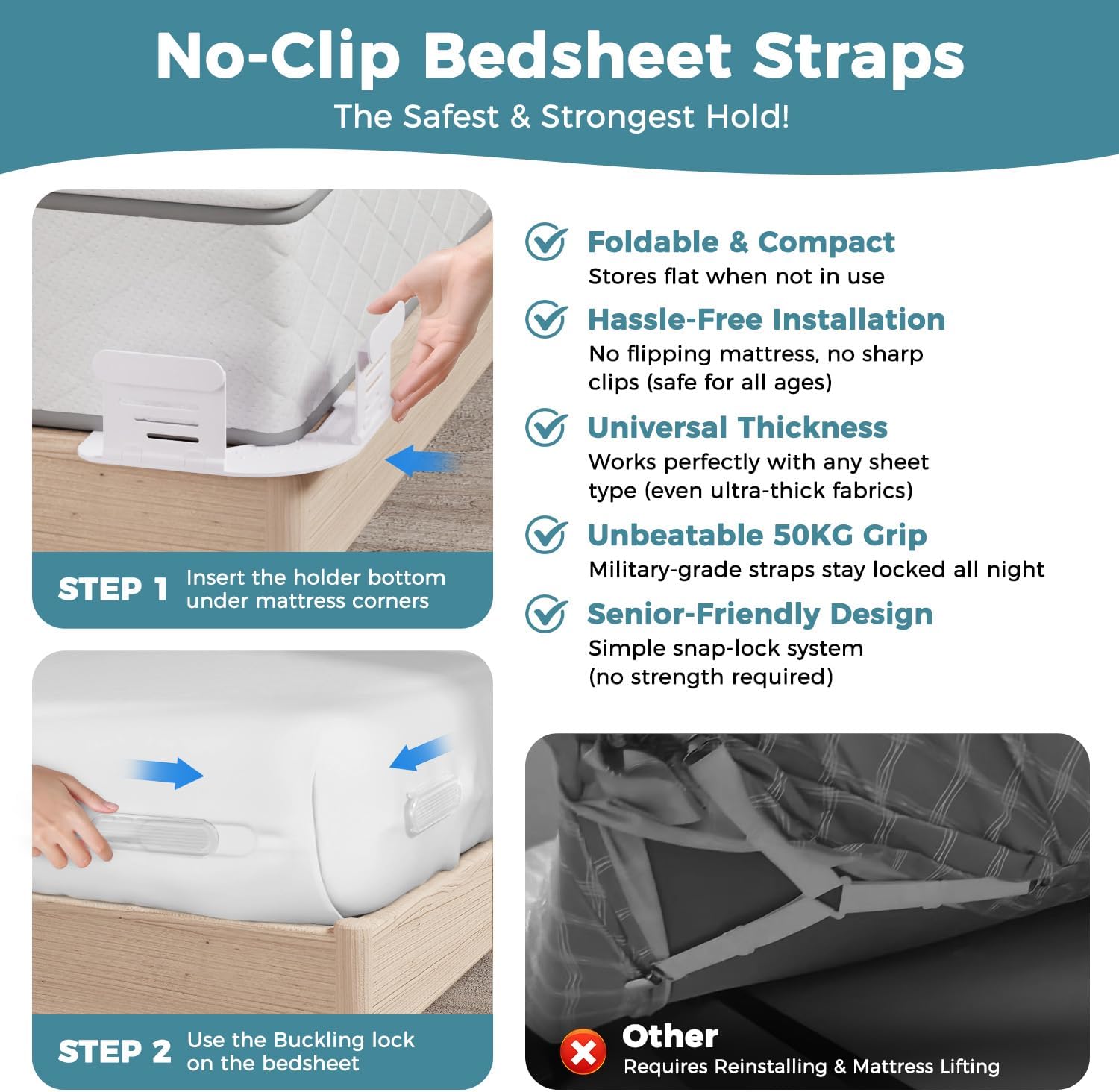 TORRYZA 2025 Bed Sheet Holder - No-Slip No-Clip Foldable