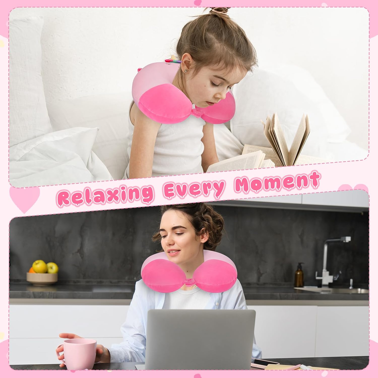 Cute Kids Pink Neck Pillow with Eye Mask