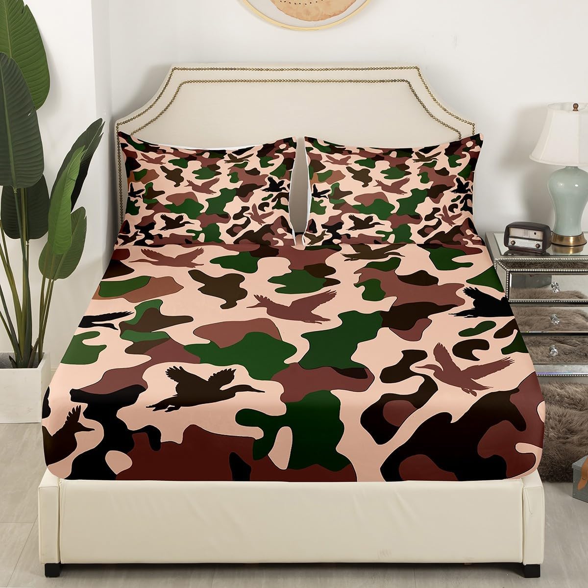 Erosebridal Camo Duck King Size Flat Fitted Sheet Set