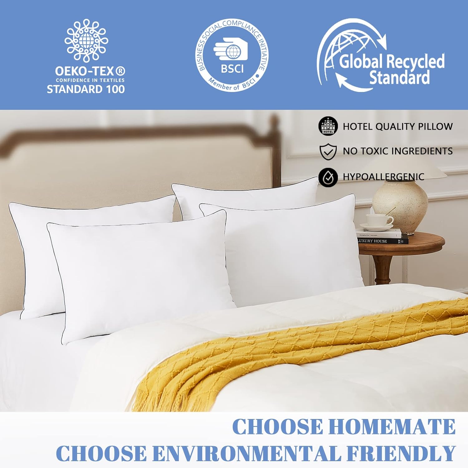 Homemate Bed Pillows - Queen Size Set of 4 Allergy Friendly