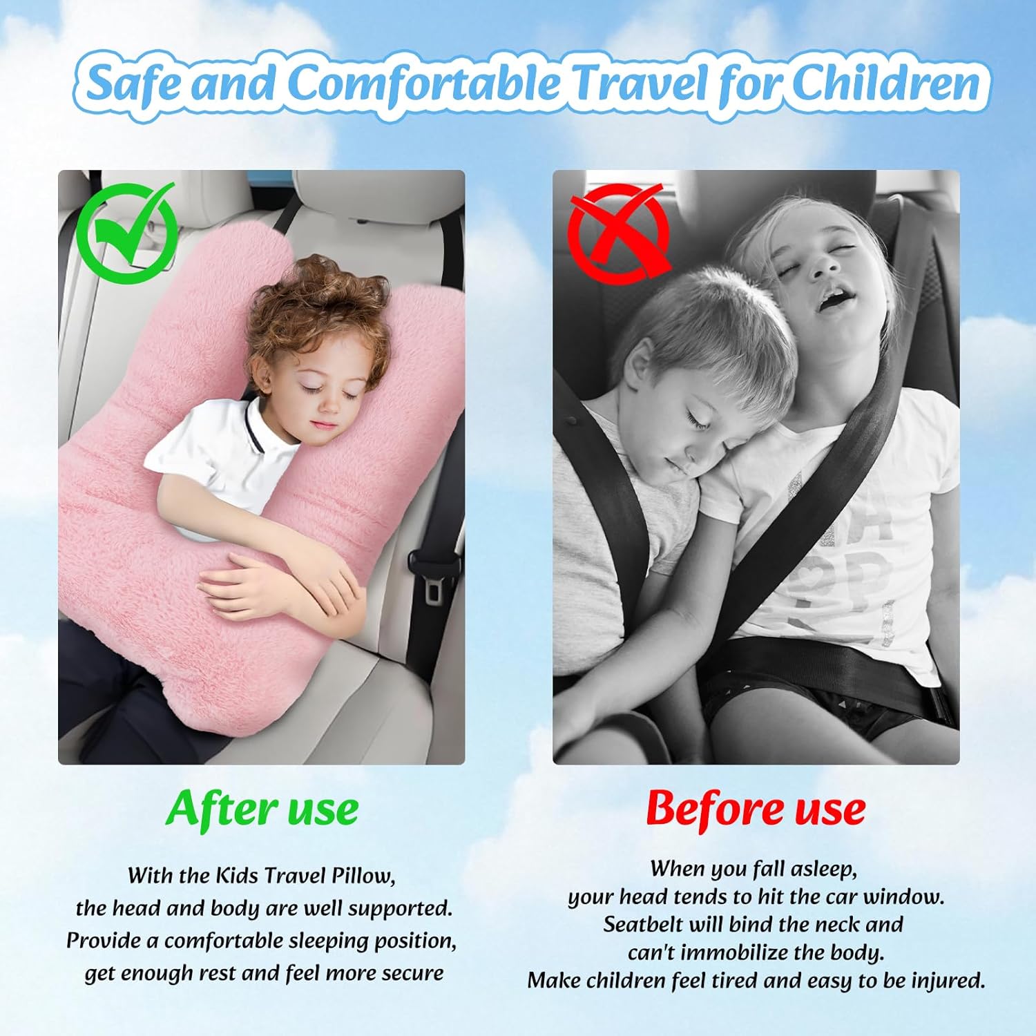 Swemos Travel Pillow - Pink Ergonomic Neck Body Support for Kids Adults