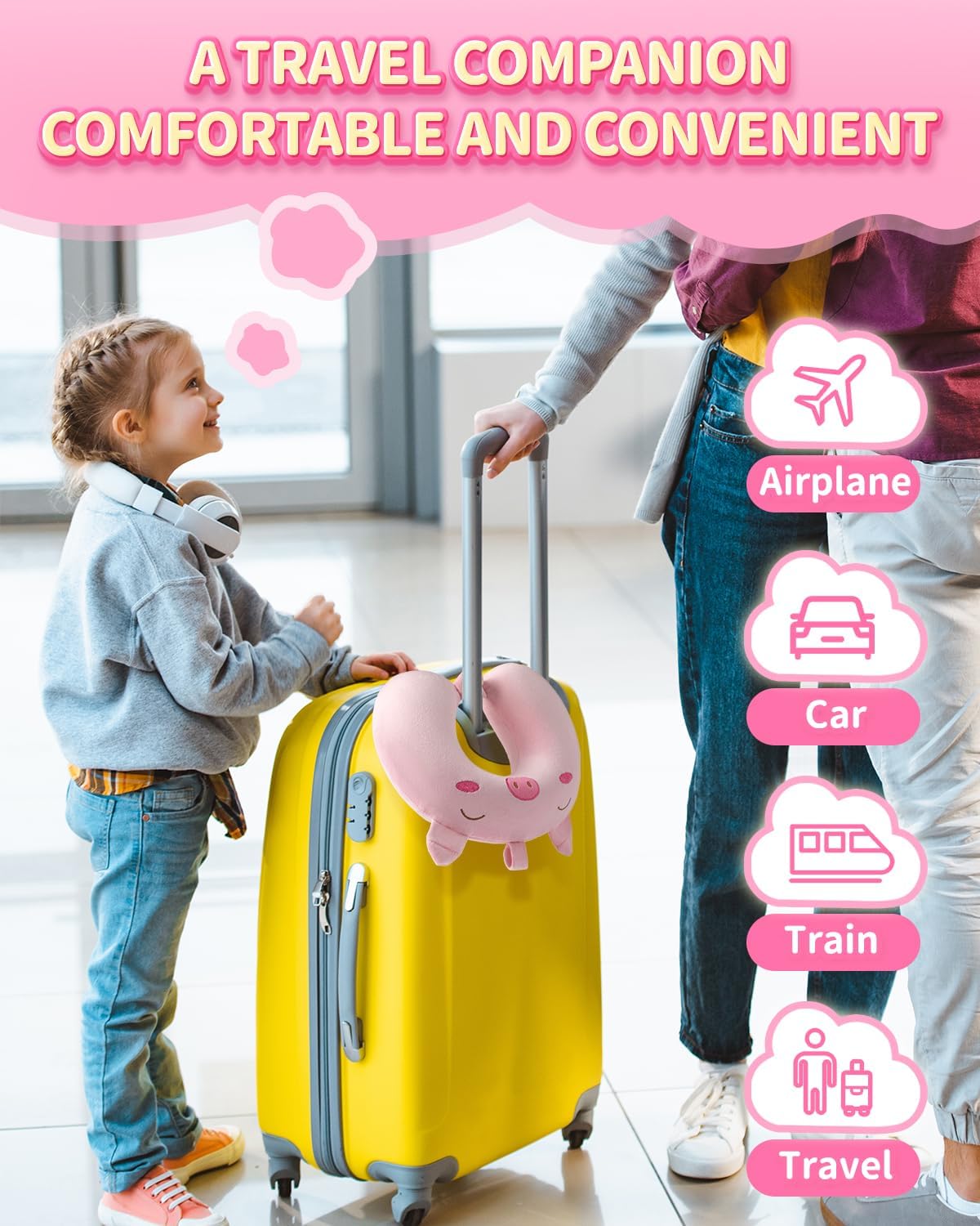 Sino Salected Kids Travel Pillow with Memory Foam and Pink Pattern