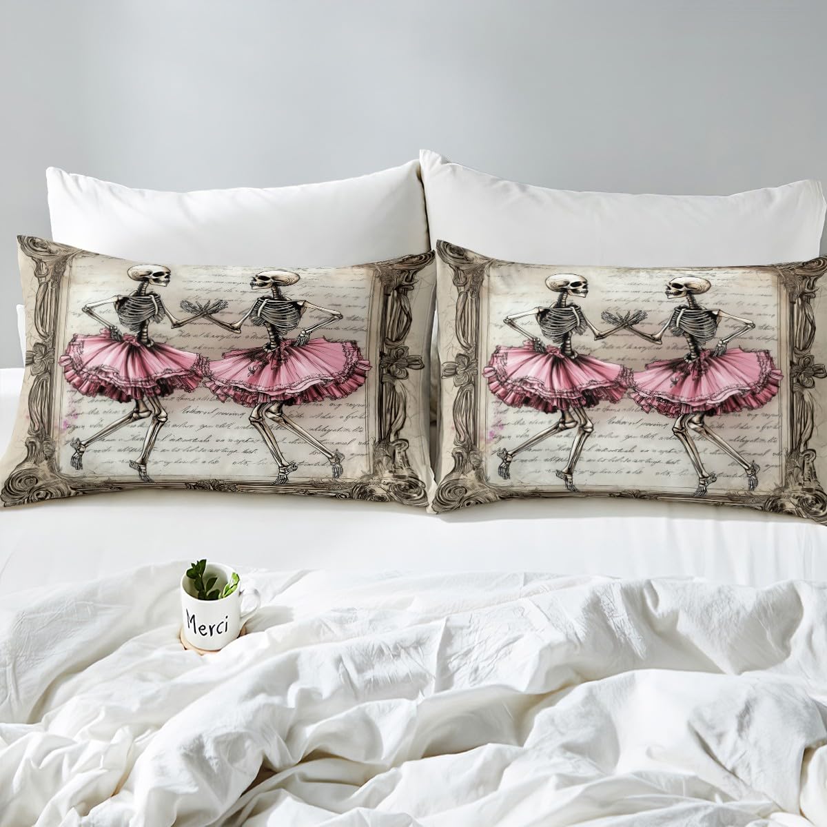 Manfei Skeleton Kids Fitted Sheet Set Pink Brown Bedding with Gothic Skull Design