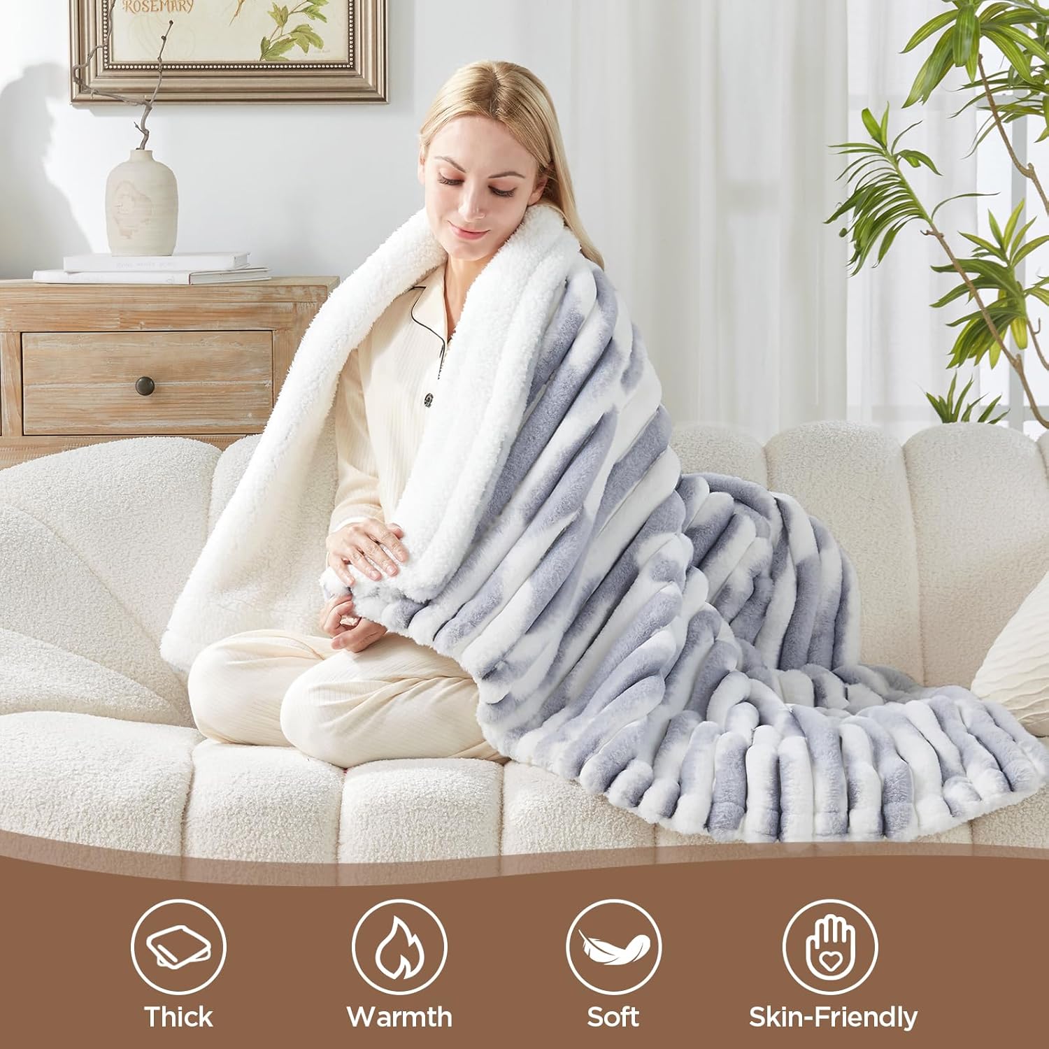 Westinghouse Heated Throw Blanket with 6 Levels Auto Off 50x60 Inch Blue Gray