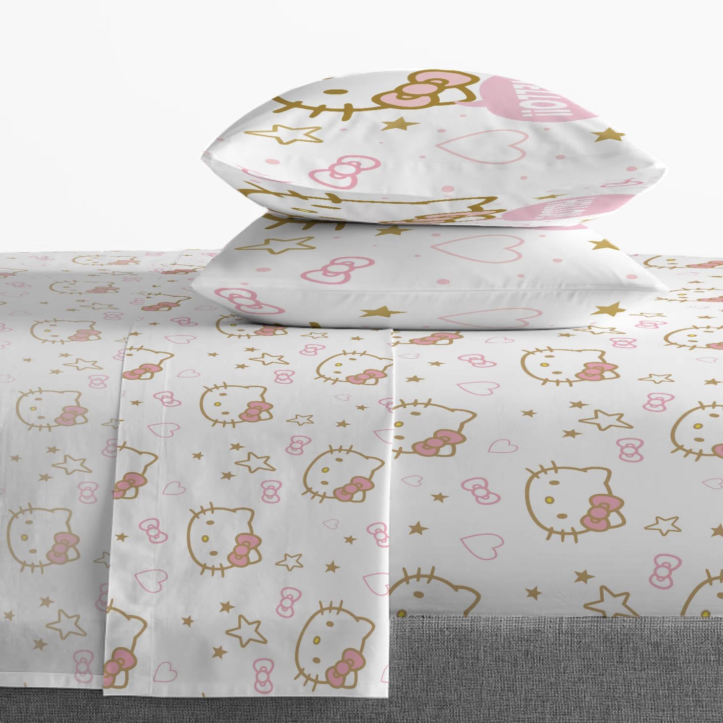 Jay Franco Hello Kitty Queen Sheet Set - 4 Piece Microfiber Stars Hearts Bedding