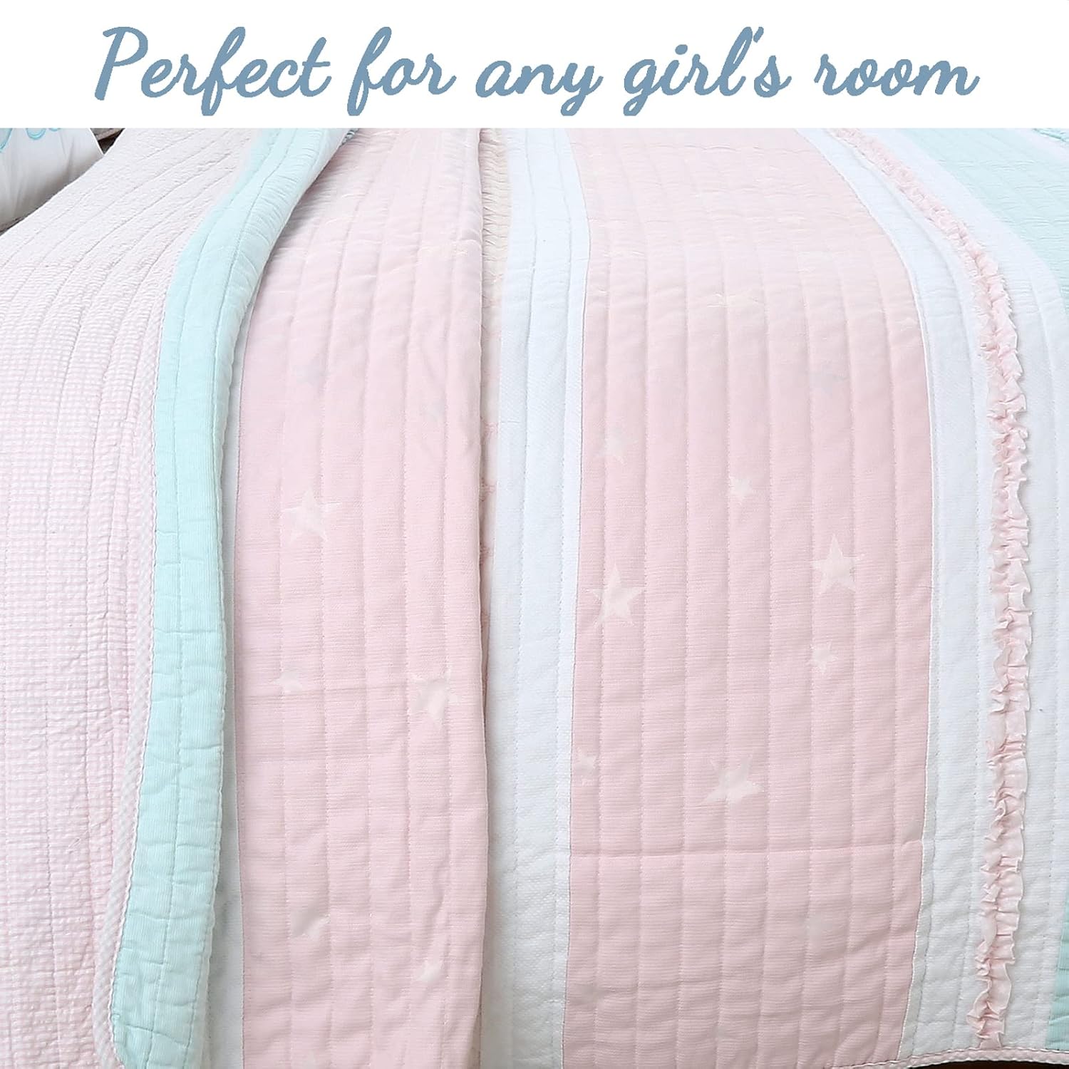 Cozy Line Light Pink Blue Ruffles Quilt Bedding Set 3 Piece