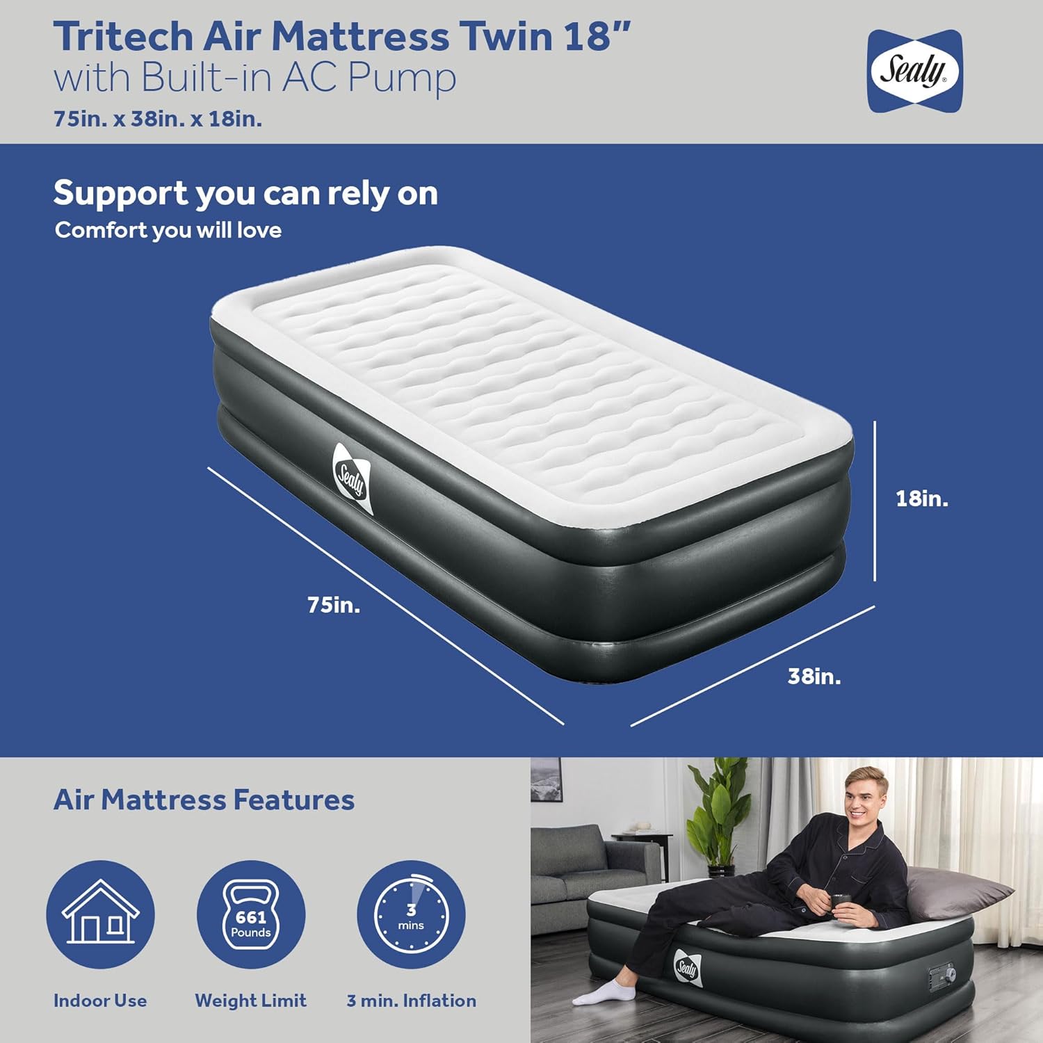 Sealy Twin-Sized 18 Air Mattress with Pump and Storage