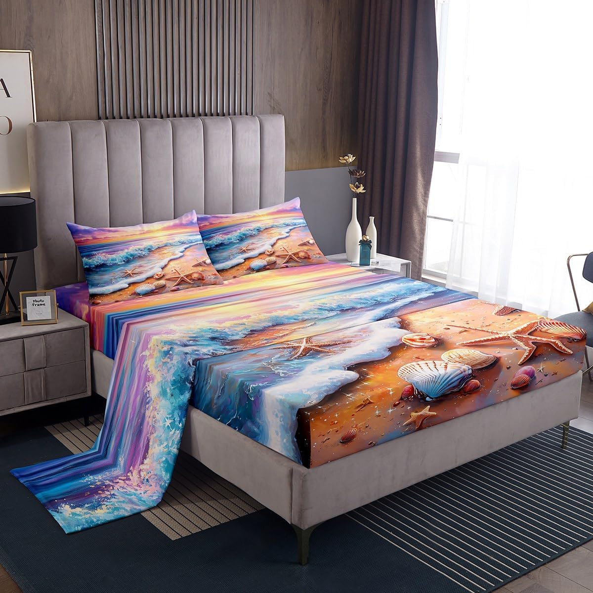 Erosebridal King Size Beach Sheet Set with Shell Starfish Print 1