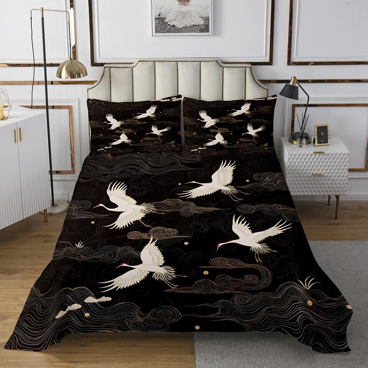 Feelyou King Size Crane Bedspread Set with 2 Pillow Shams