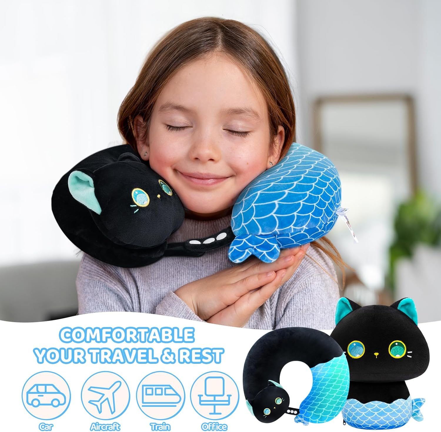 Mewaii Kids Travel Pillow - Mermaid Cat 2-in-1 Neck Pillow