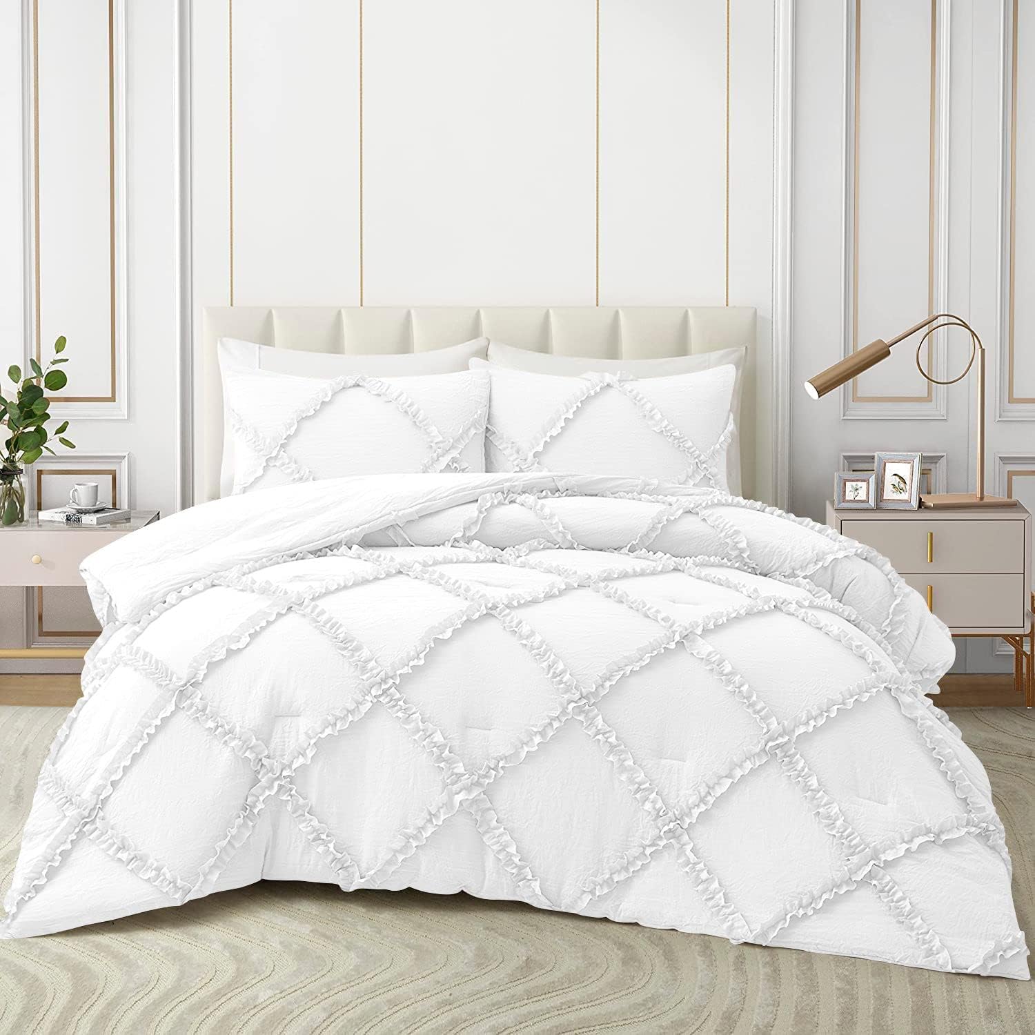 Diamond Ruffle Comforter Set 3 Piece White