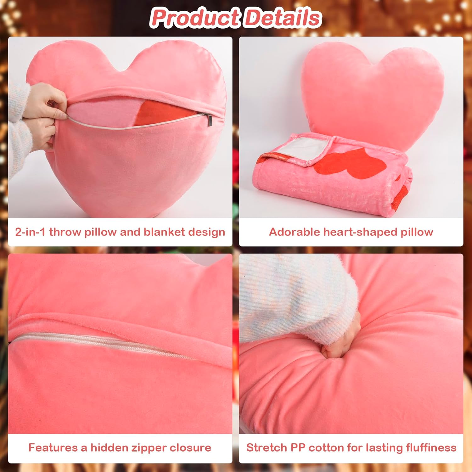 ChezMax Heart Pillow Blanket - Pink 2-in-1 Set