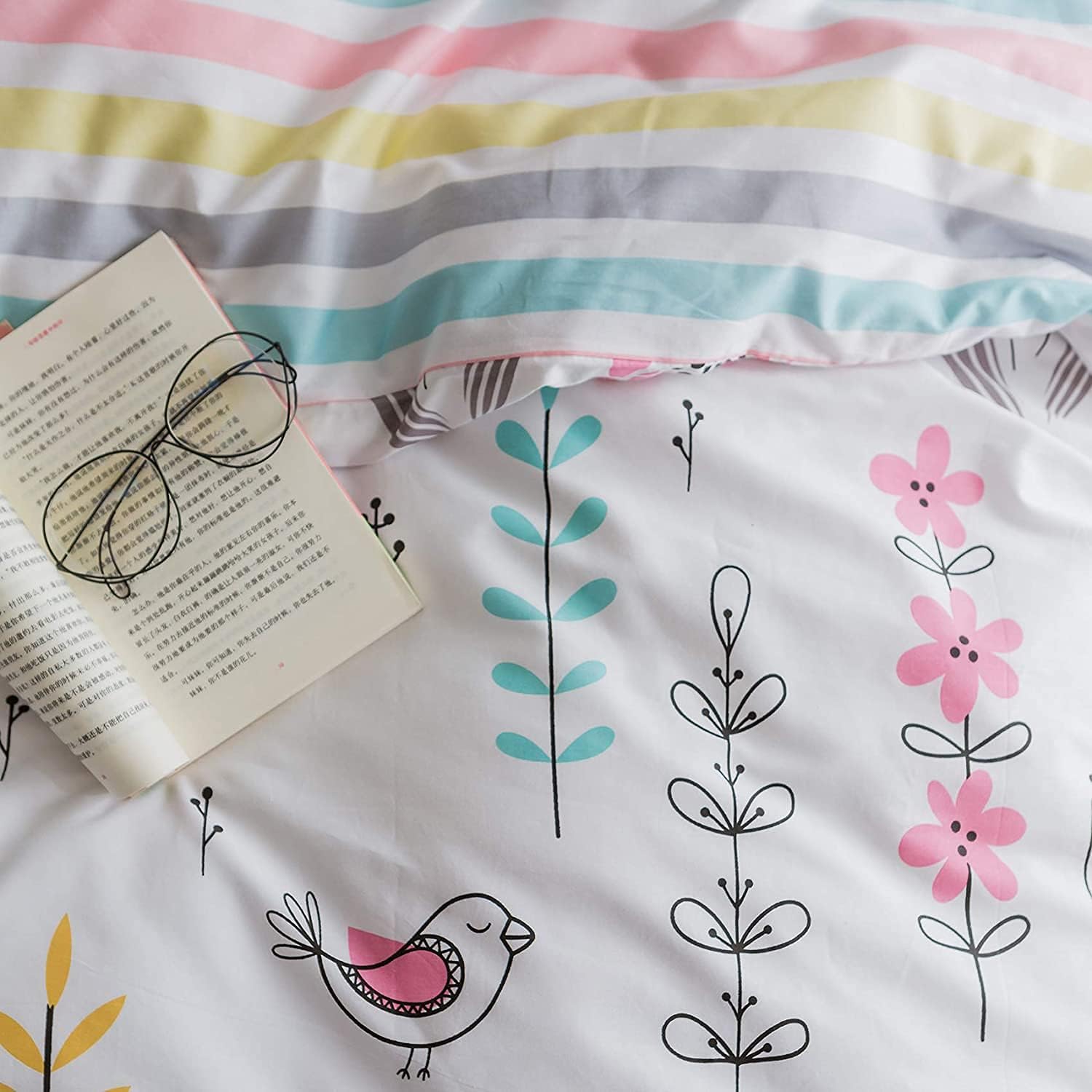 BuLuTu Reversible Cotton Duvet Cover Set for Kids