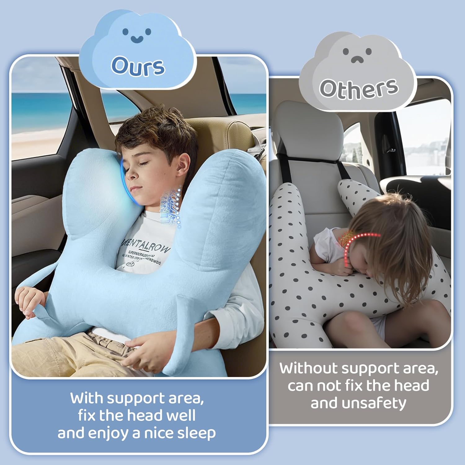 PYURIFAI Car Pillow for Kids with Head Support and Handles