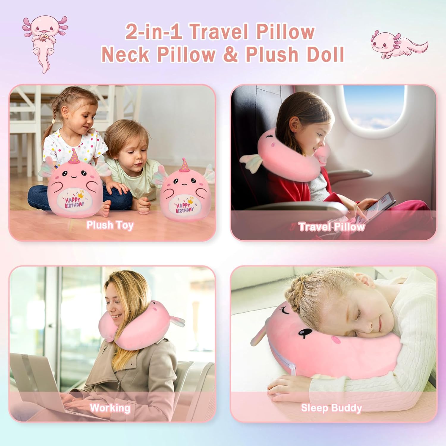 NUKBIL Kids Travel Pillow with Plush Animal Design Pink Axolotl