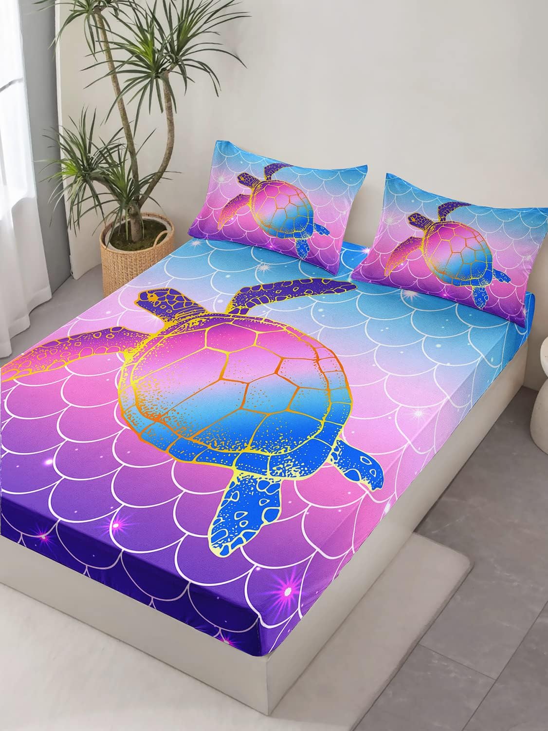 HOSIMA Glitter Star Mermaid Fish Scales Twin Fitted Sheet Set