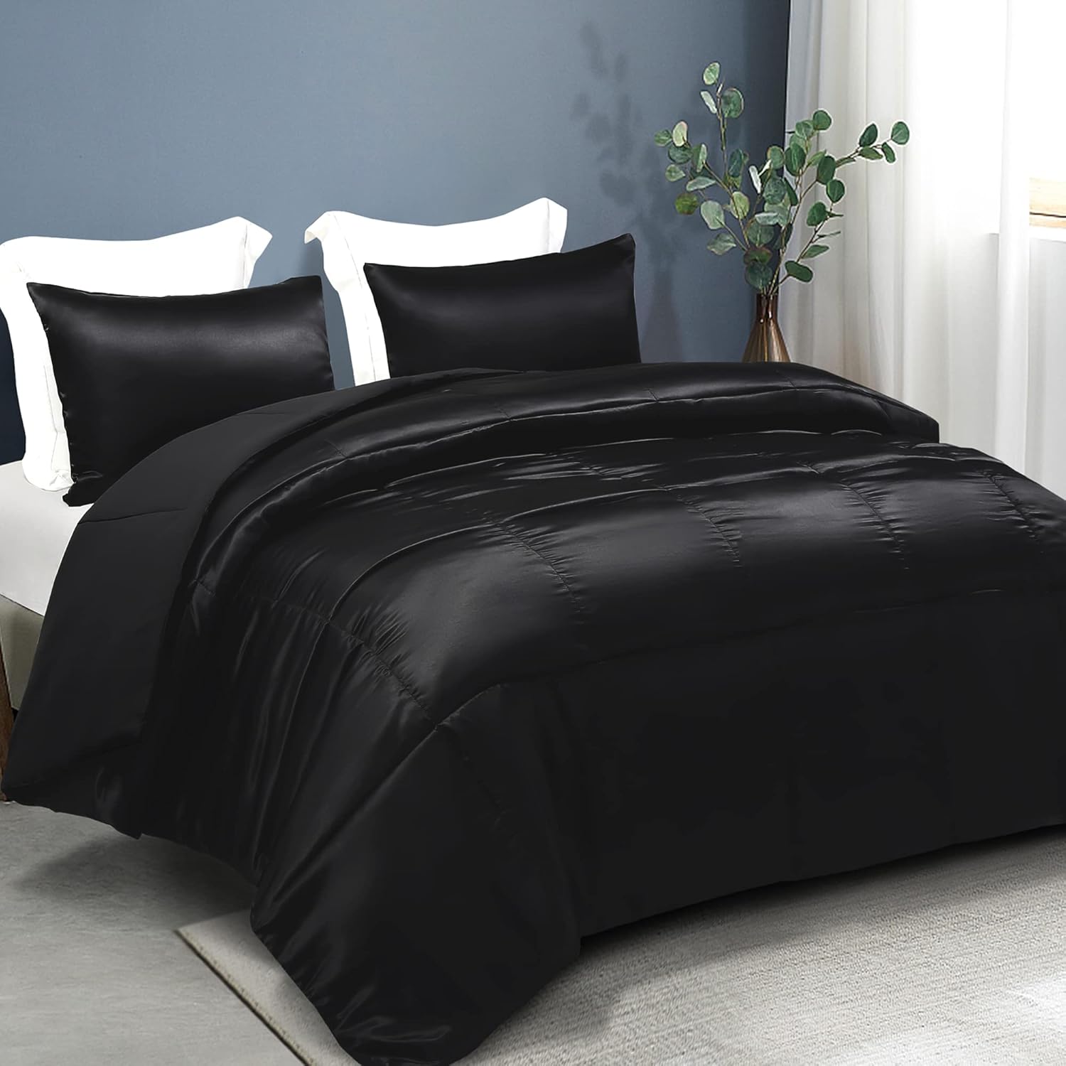 Whale Flotilla Reversible Twin Comforter Set Satin Brushed Black