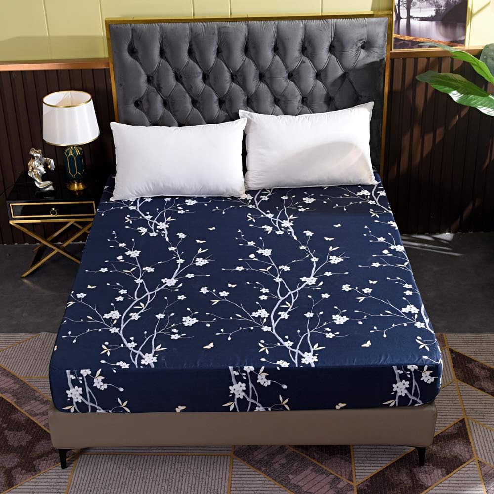 Hecnoey Floral Printed Full Fitted Sheet Navy Blue Deep Pocket