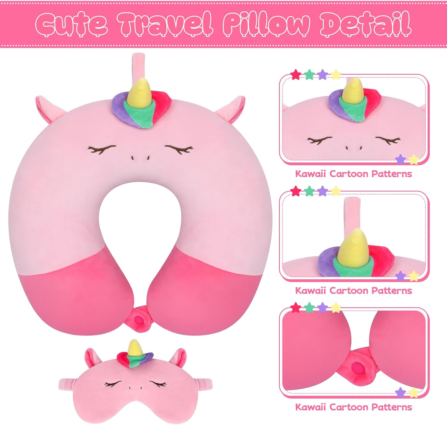 Cute Kids Pink Neck Pillow with Eye Mask