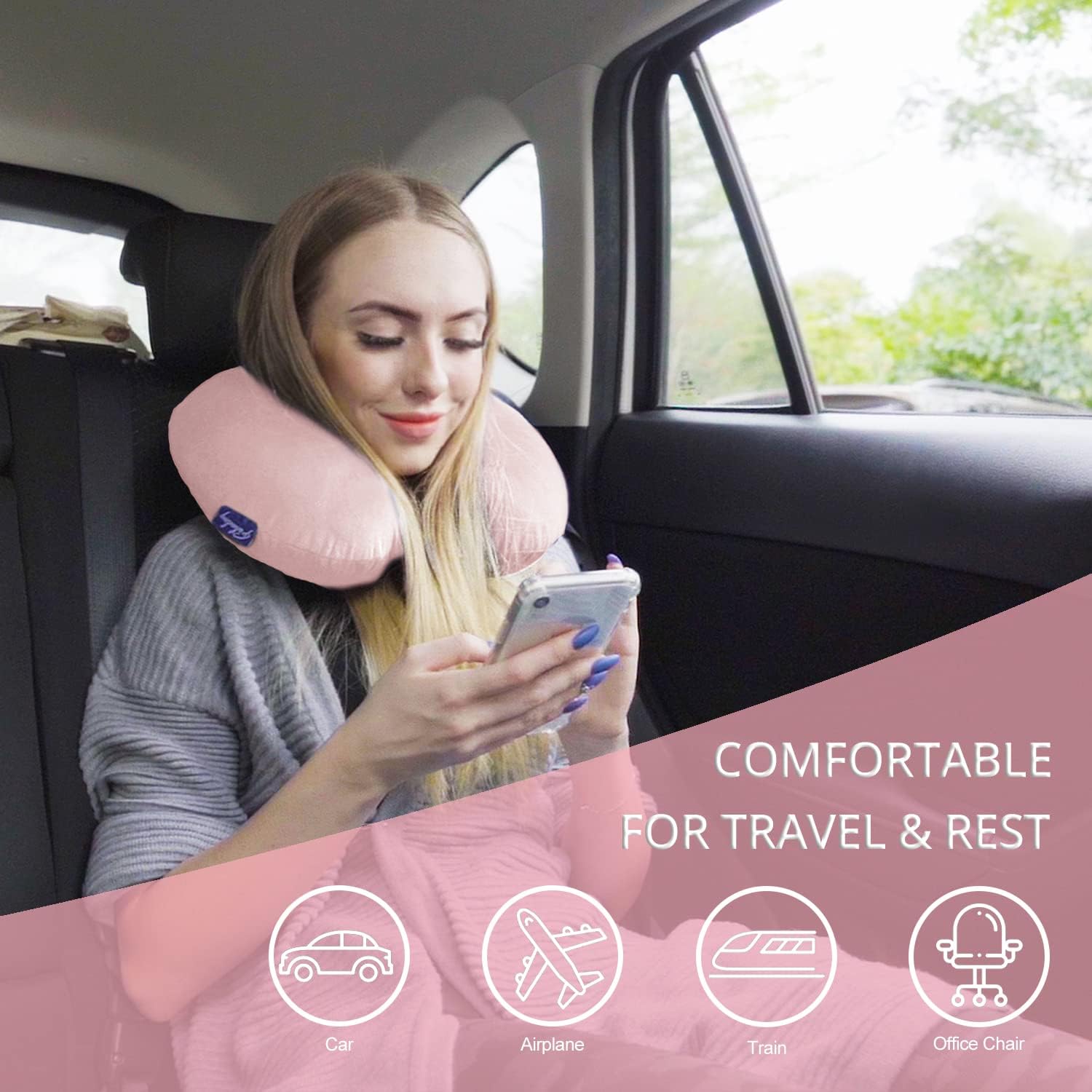 Fabuday Memory Foam Travel Neck Pillow - Pink with Snap Strap