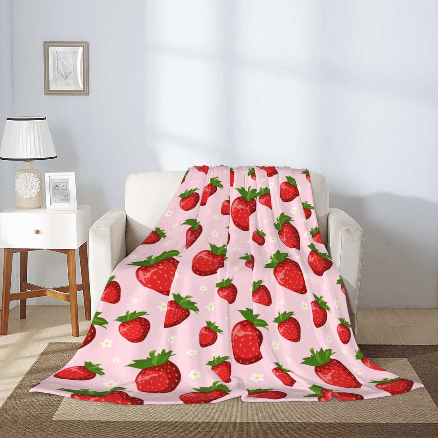 Pink Strawberry Throw Blanket for Kids Soft Fuzzy 50x60 Inches