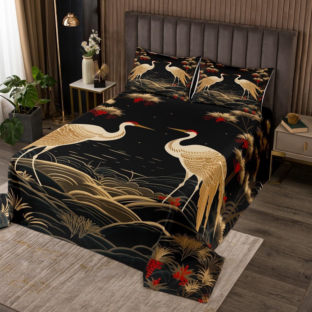 Feelyou Japanese Crane Bedspread Set 3Pcs Queen Size