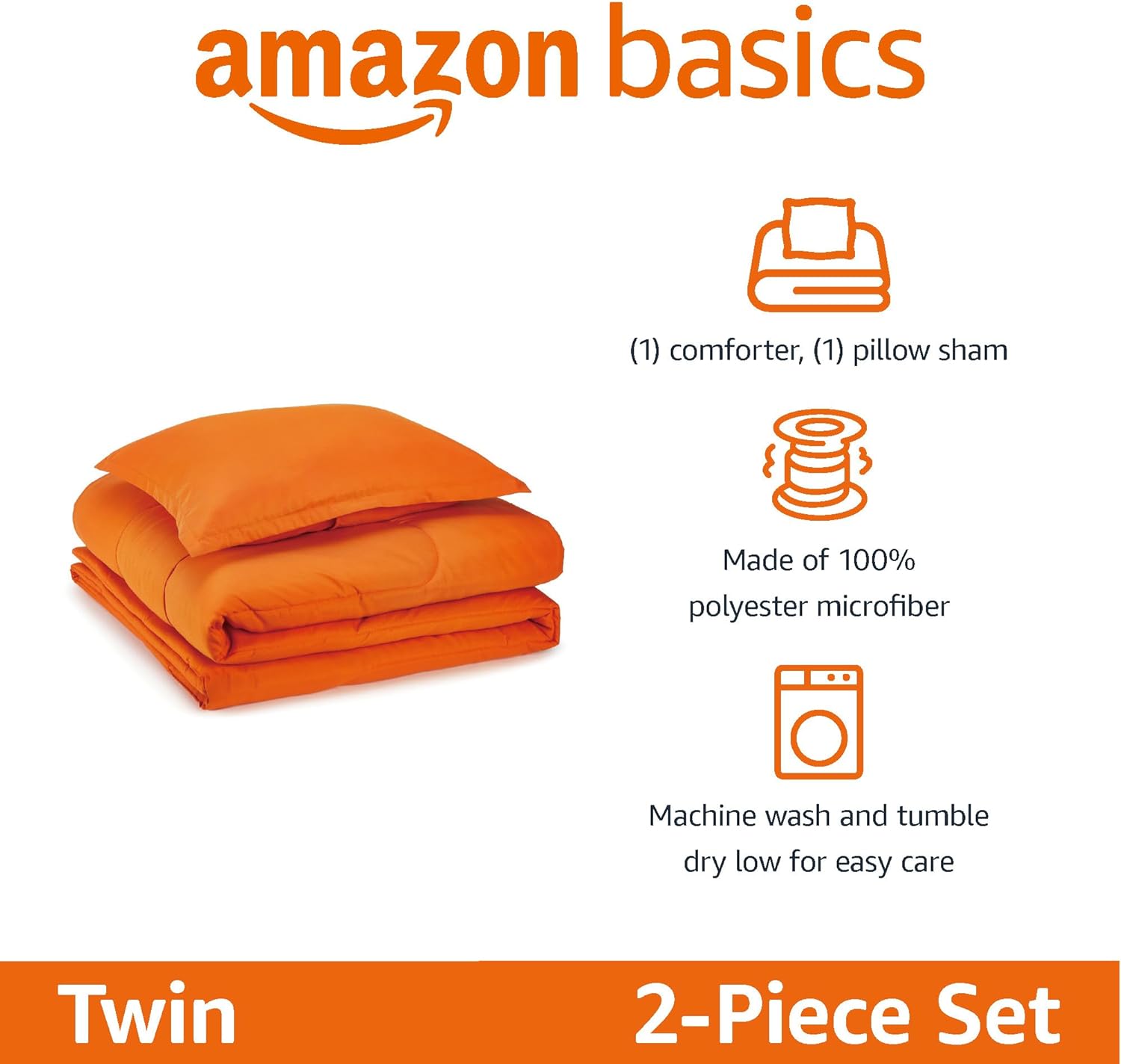 Amazon Basics 2-Piece Microfiber Kids Comforter Set Twin Bright Orange