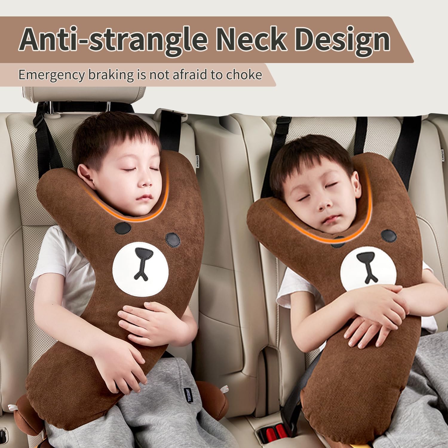 Y-Shape Kids Travel Pillow with Adjustable Belt Brown