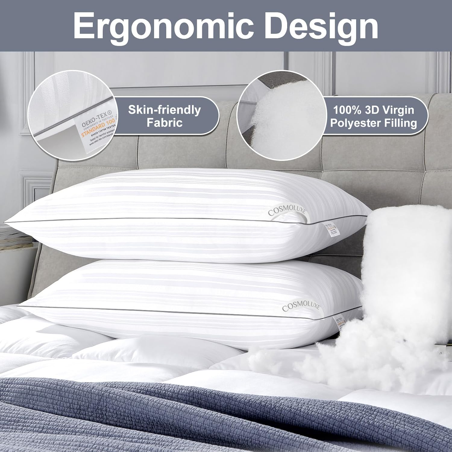 Cosmoluxe Hotel Bed Pillows 2 Pack for Back and Side Sleepers