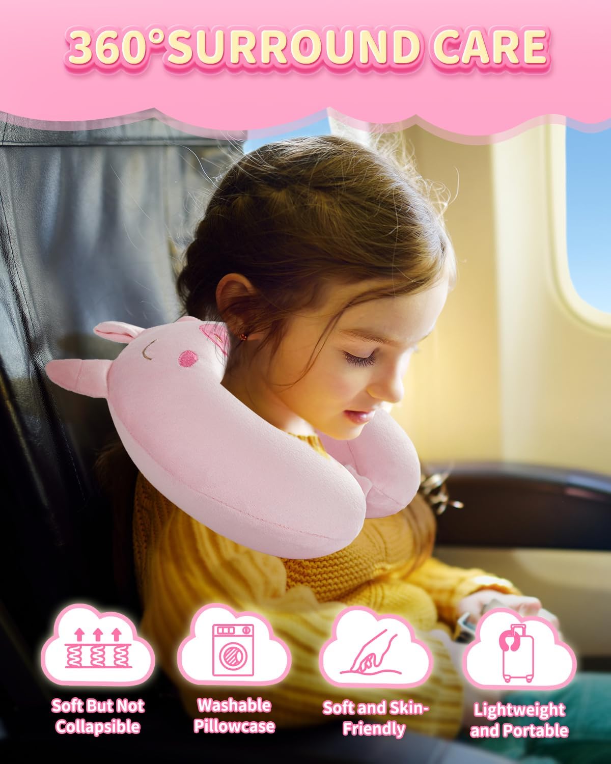 Sino Salected Kids Travel Pillow with Memory Foam and Pink Pattern