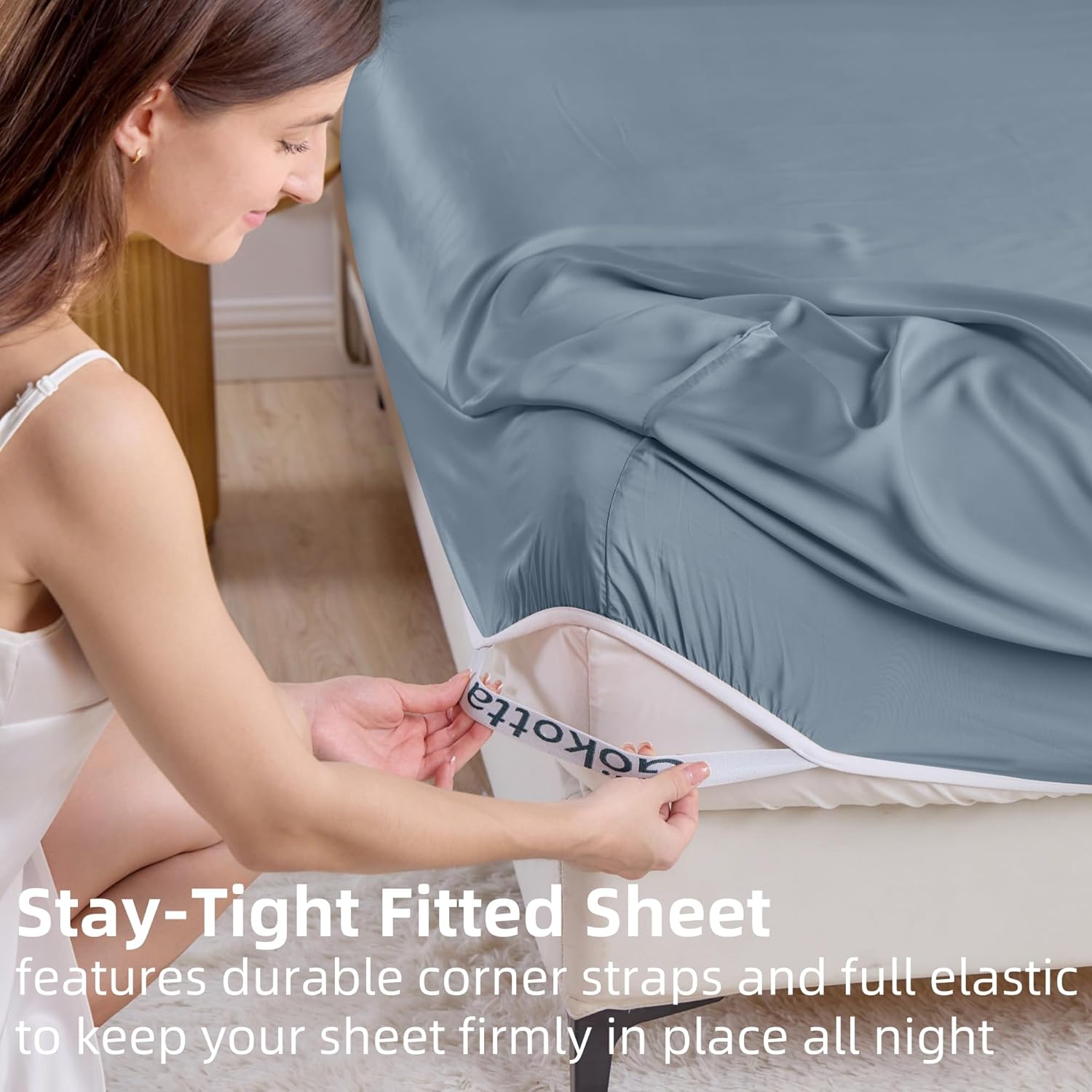 GOKOTTA Bamboo Rayon Fitted Sheet - King Size 16 Inch Pocket Blue