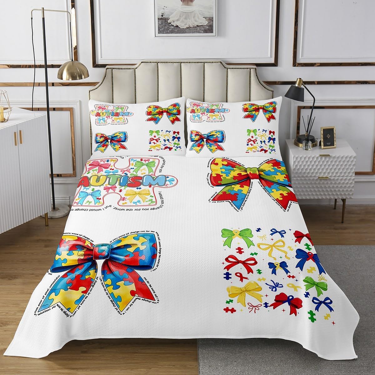 Erosebridal Rainbow 3D Bowknot Queen Coverlet Set
