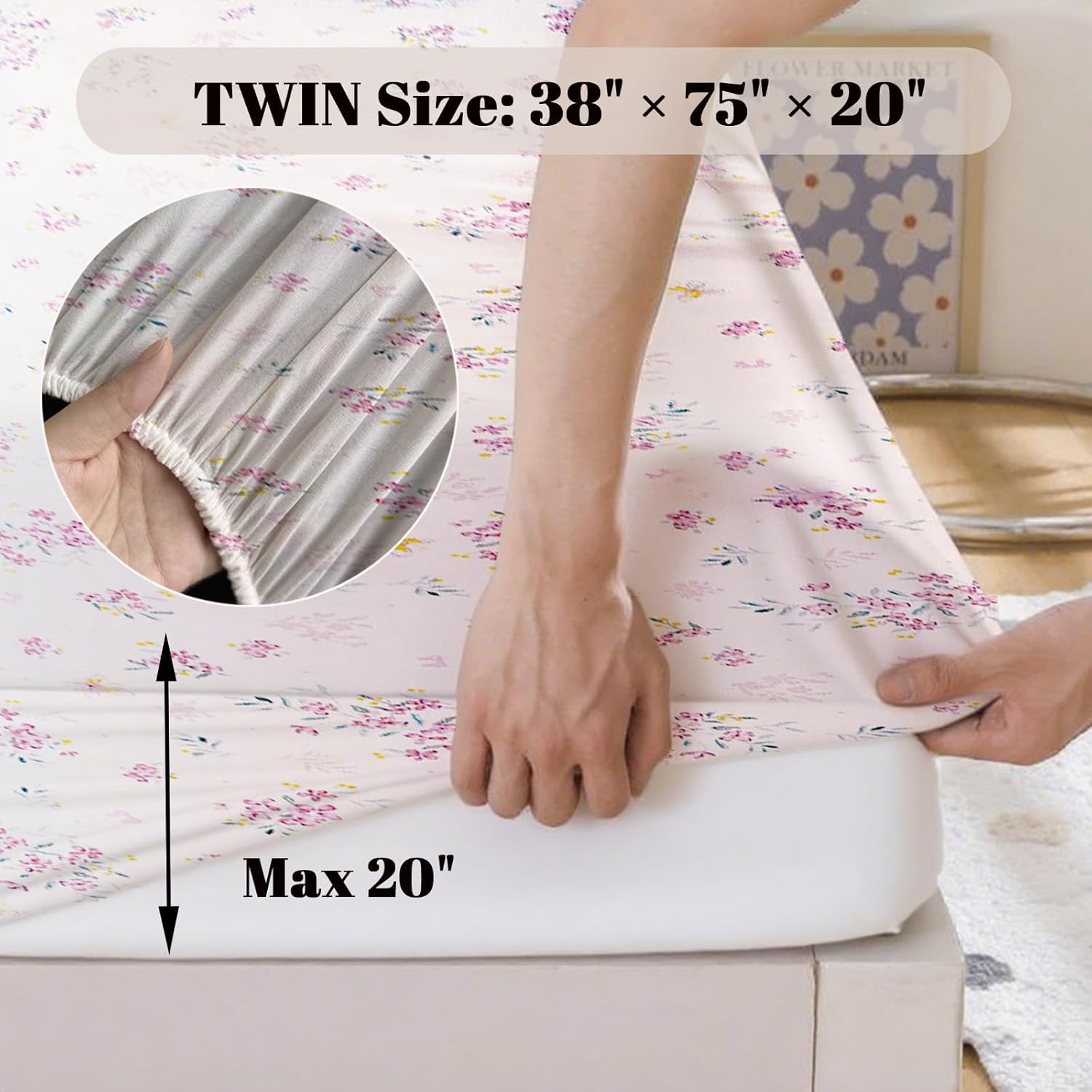 MorroMorn Twin Fitted Sheet - Pink Flowers 38x75x20in
