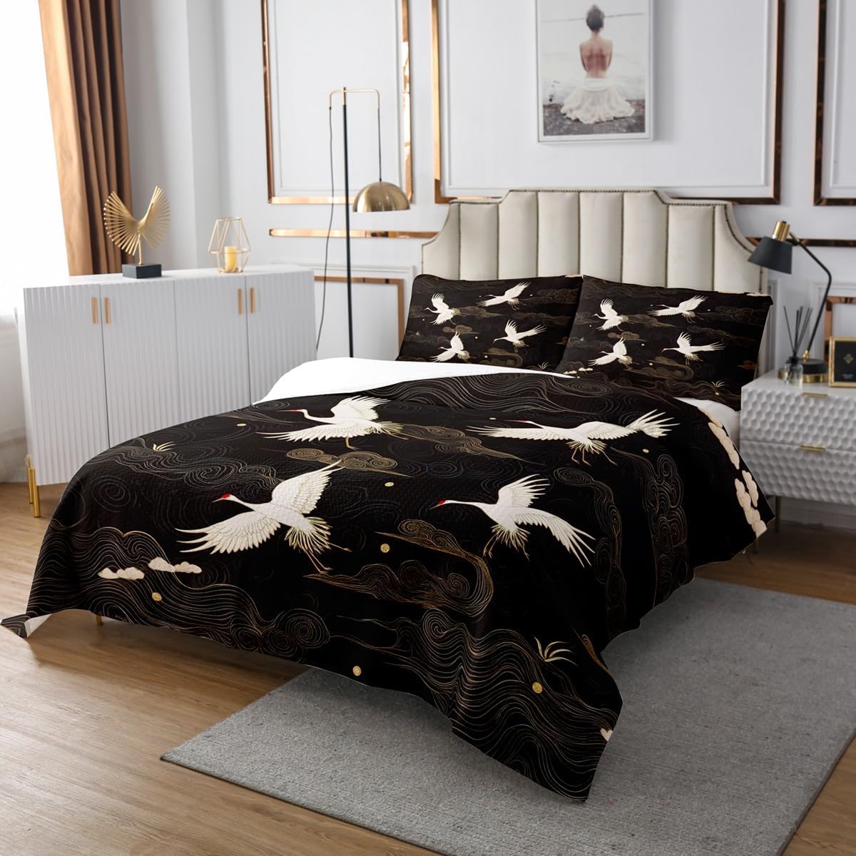 Feelyou King Size Crane Bedspread Set with 2 Pillow Shams