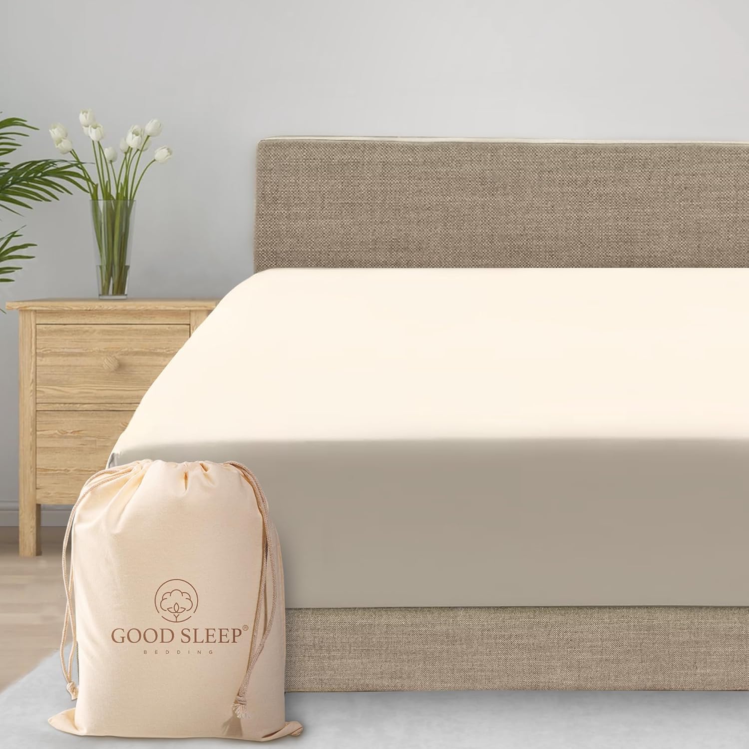 Good Sleep Bedding Queen Fitted Sheet Ivory 800 TC 16 Deep