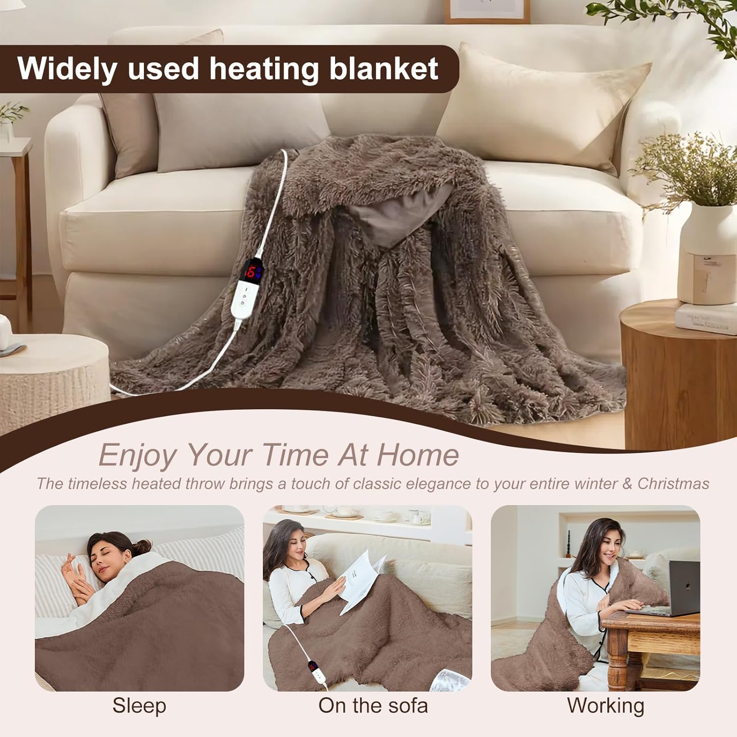AEPINBH Heated Blanket - 6 Levels 4 Hours Auto Off Brown