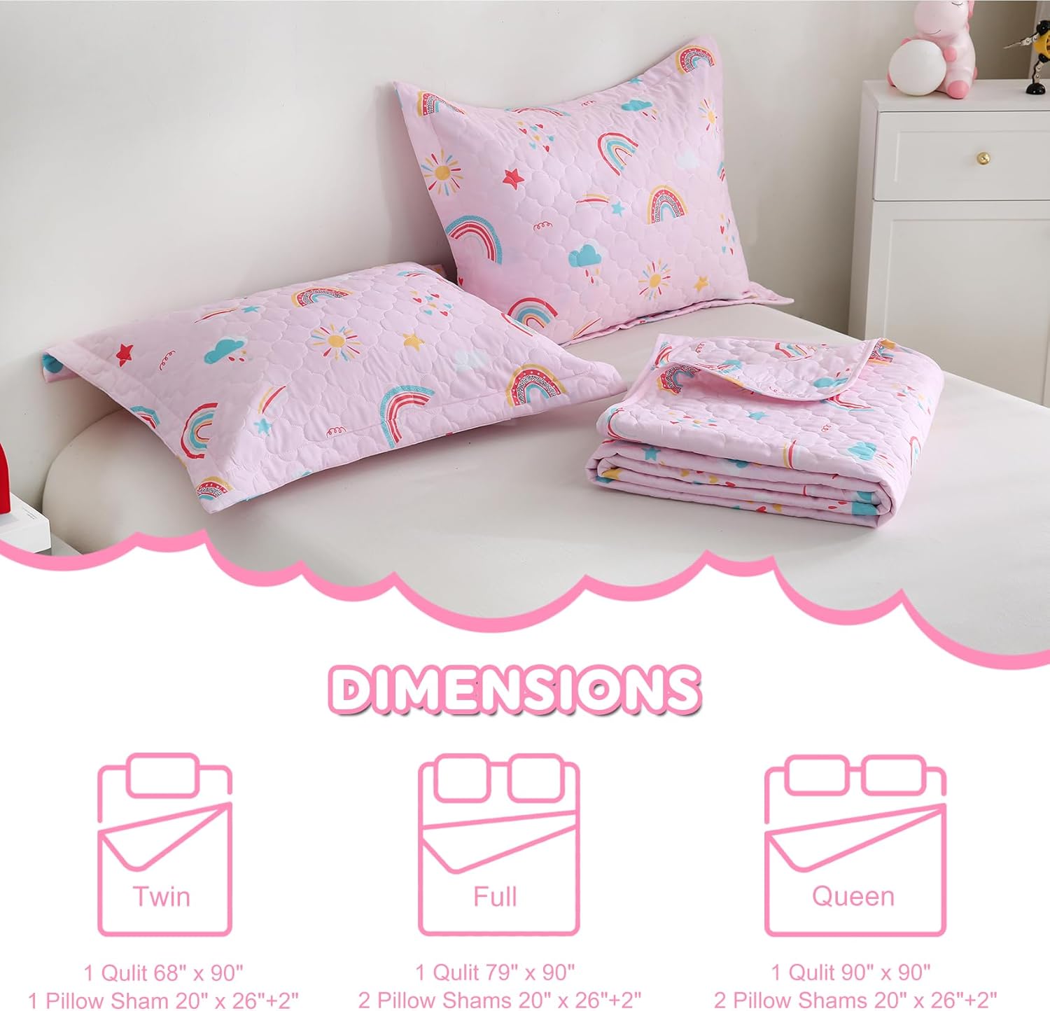 CIMVI Pink Rainbow Quilt Set for Kids