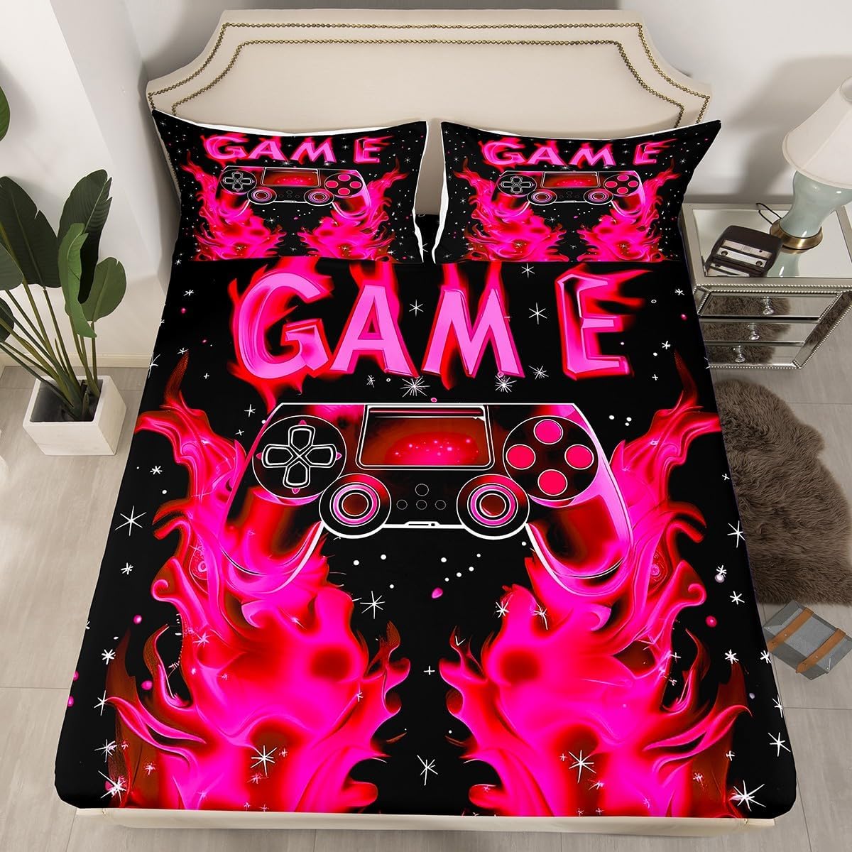 Jejeloiu Kids Gaming Bed Sheet Set King Size Pink