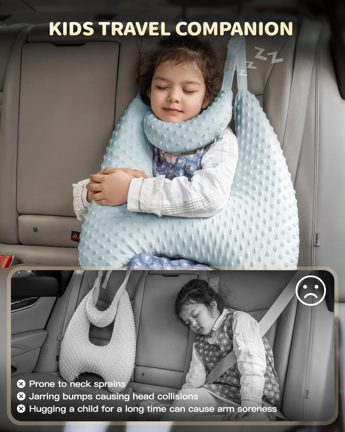 Memory Foam Kids Travel Pillow with Adjustable Strap and Velvet Dots