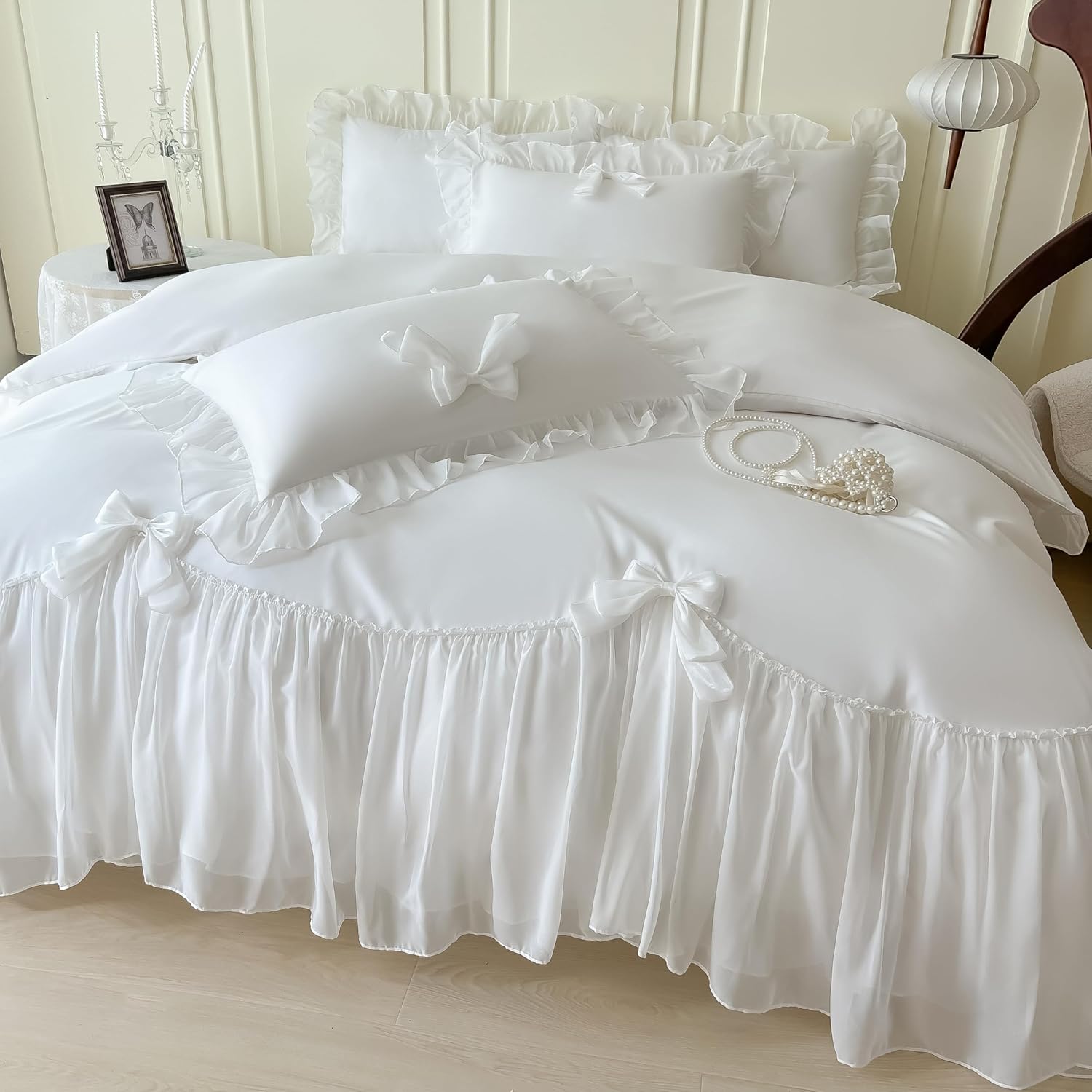 SOUKECHY Chic Lace Duvet Cover Set with Bow and Zipper - White Twin