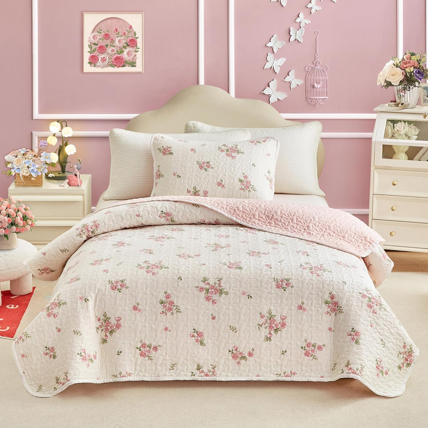 Joyreap Twin Quilt Set Floral Pink n White