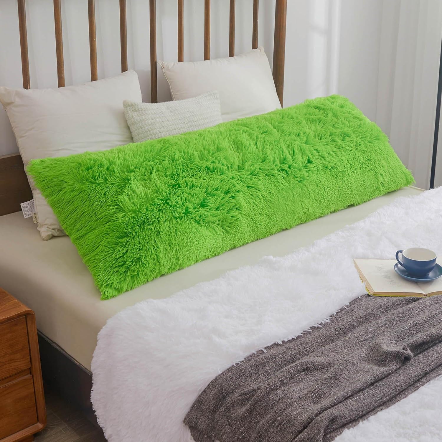 XeGe Faux Fur Body Pillow Cover 20x54 Lime Green with Zipper