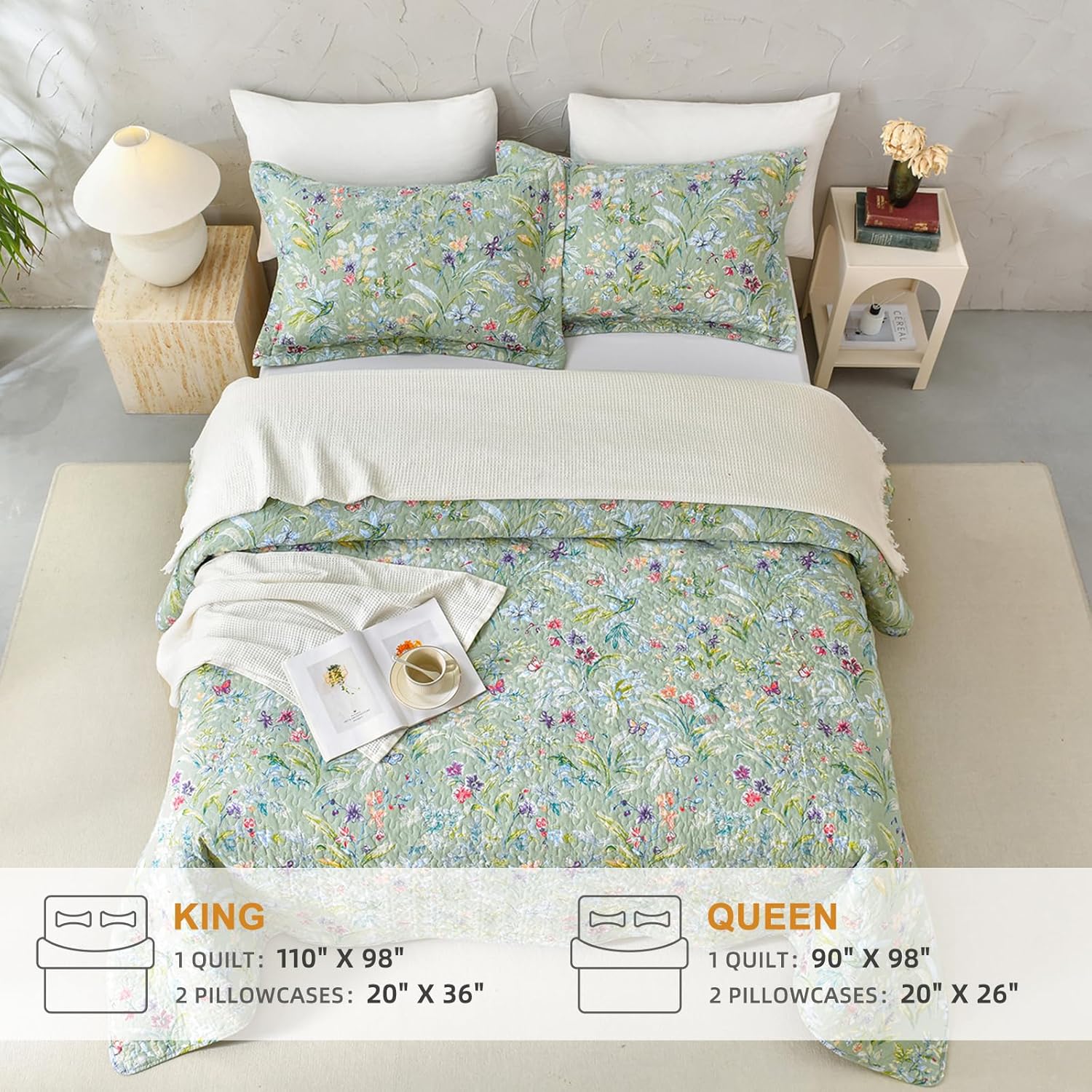 Sanracie Floral Quilt Set - 3pcs Cotton King Size