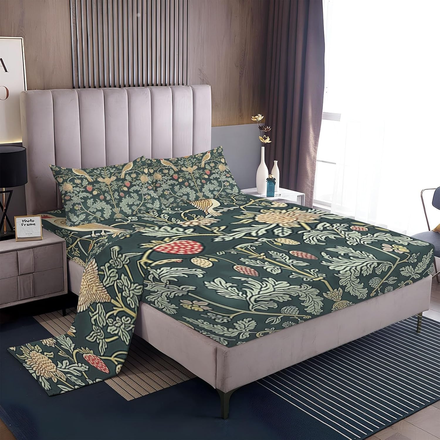 Queen Fitted Sheet Set 4 Piece Microfiber Soft William Morris Strawberry Thief