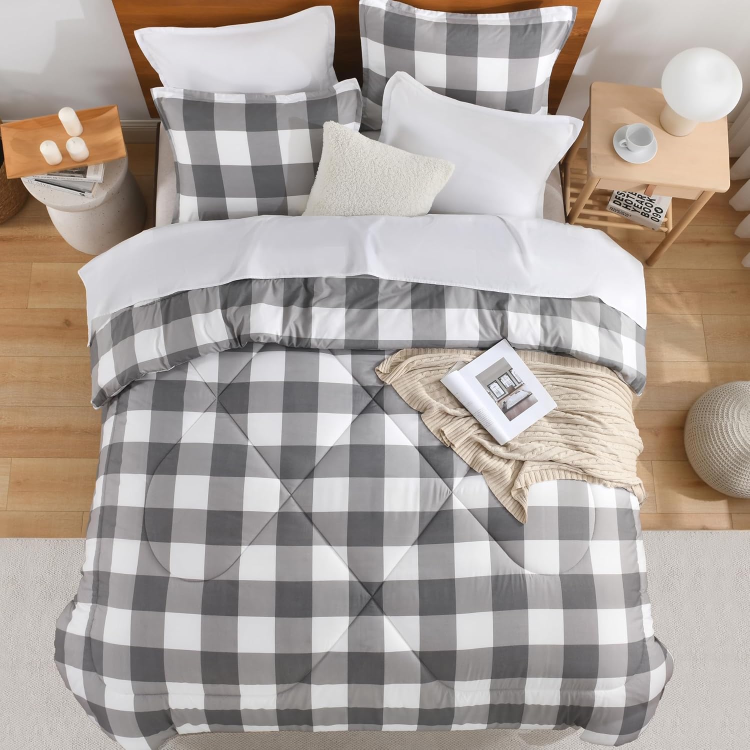 Andency Grey Queen Plaid Comforter Set 3 Piece