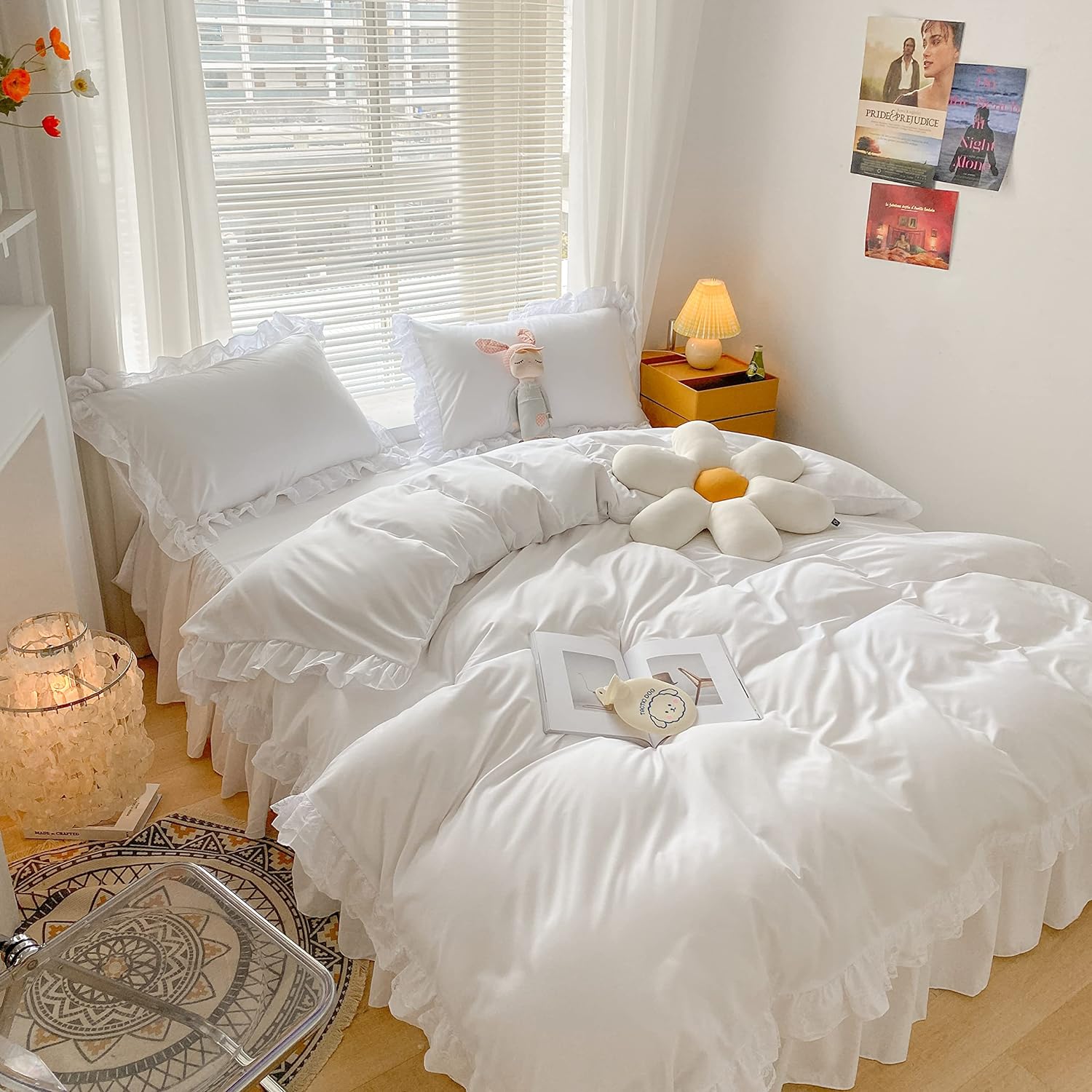 MOOWOO Chic Ruffle Lace Duvet Cover Set Twin White 2 Piece