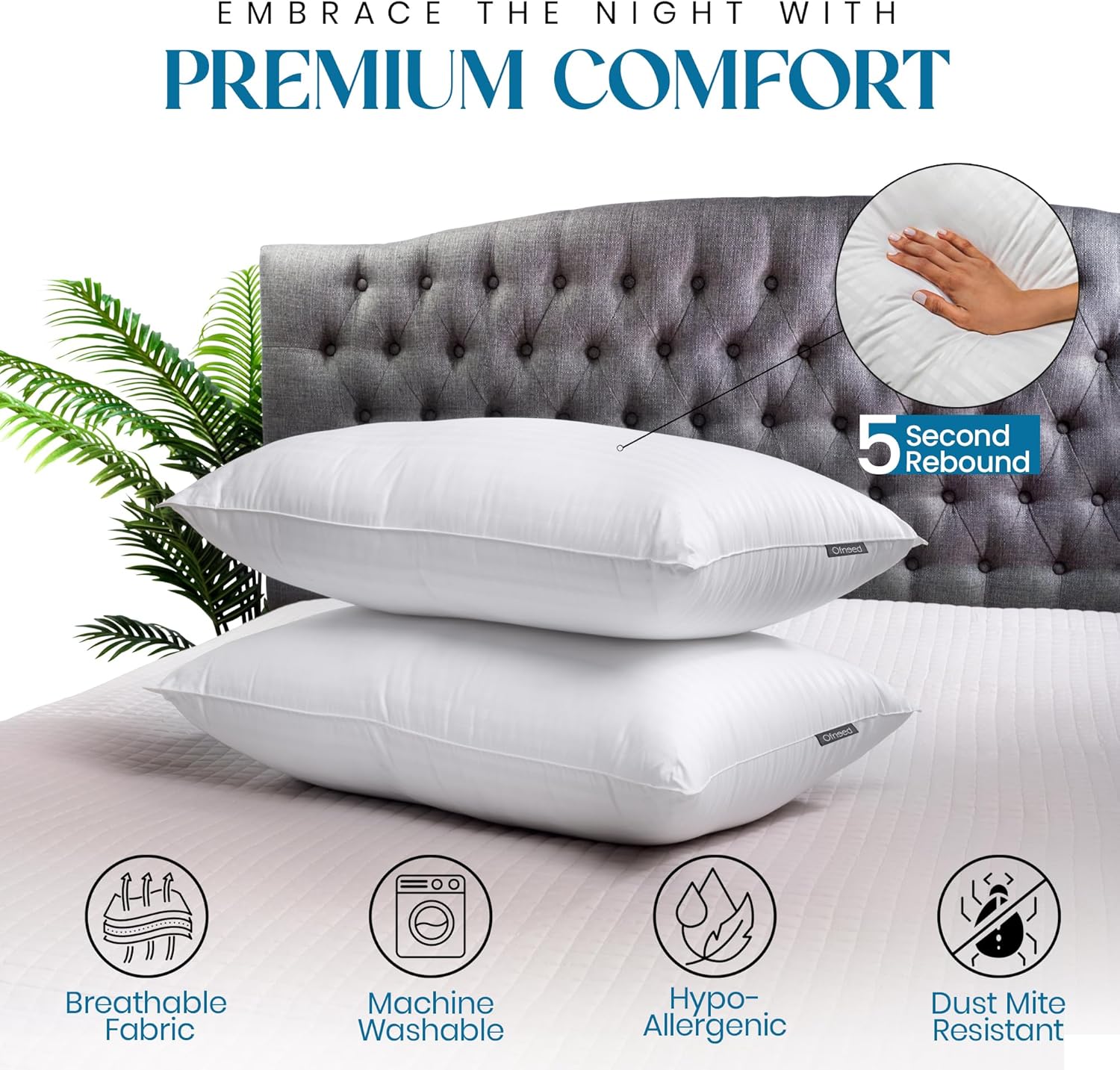 OFNEED Queen Size Pillows Set of 2 Down Alternative