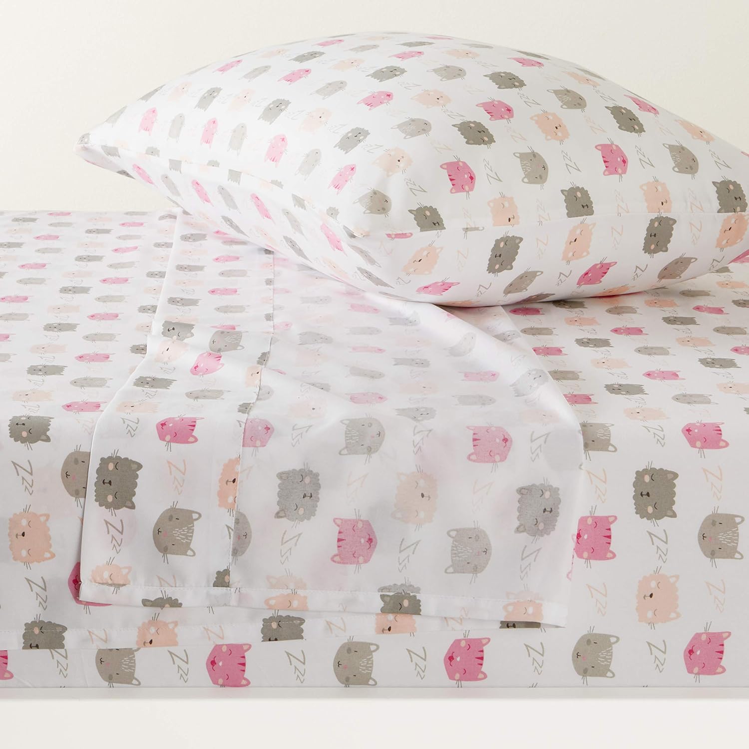 Amazon Basics Kids Soft Microfiber 3-Piece Sheet Set Twin Peony Pink Kitties